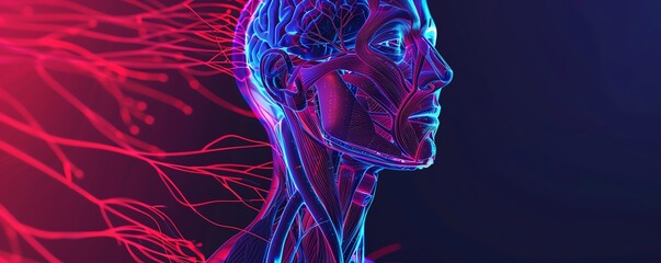 3D anatomy model, neon vascular system, flat design illustration