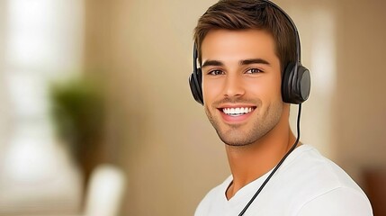 Poster - A smiling businessman working in a bright call center, wearing a headset and talking to a client, highlighting positive customer interaction and professionalism.