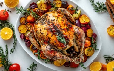 A beautifully roasted Thanksgiving turkey on a white platter, surrounded by colorful roasted vegetables and herbs, perfect for the festive feast