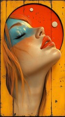 Close-up of the profile of a female model in 3d with blue and orange makeup is posing with her head tilted back and eyes closed, her face framed by a yellow abstract background; sensuality concept