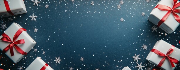 Sticker - a background for the christmas festive season with snow, leaves and gifts on the side, blank space f