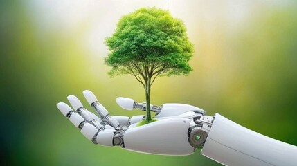 Poster - A tree growing from the palm of a robotic hand, symbolizing the balance of investment, technology, and environmental conservation for future growth and savings.