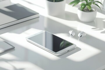 Wall Mural - Modern white electronic device mockup with a sleek and futuristic design, placed on a clean white desk, bright natural lighting, with subtle reflections and a few tech accessories like earbuds and a s