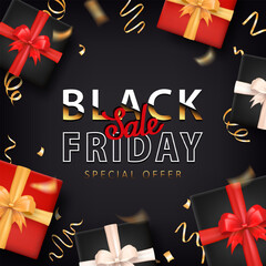 Wall Mural - Template of sale banner with 3d gift boxes, shiny confetti and golden text for BLACK FRIDAY event. Social Media post with party streamers and present packages with special offer for online shopping