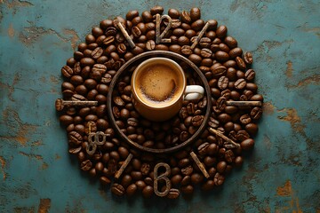 Coffee cup surrounded by coffee beans arranged as a clock on a table