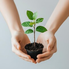 two hands holding a small tree sapling against a white backdrop, providing room for text, emphasizin