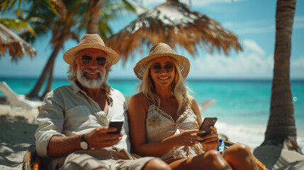 A couple of beautiful European husband and wife relaxing on the beach under palm trees holding phones in their hands. Vacation by the sea with gadgets in their hands