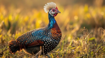 Poster - A Close-Up of a Male Crested  Bird in a Grassy Meadow