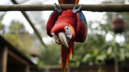 A playful parrot upside down, hanging from a perch, with its head cocked to one side as it interacts with the camera.