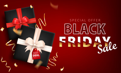 Wall Mural - Template of Black Friday red banner with super sale advertisement and lots of 3d realistic gift boxes with golden confetti. Promo poster, discount wallpaper with present packages for shopping events