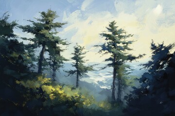 Wall Mural - A Misty Forest with Tall Pine Trees Reaching Towards a Bright Sky