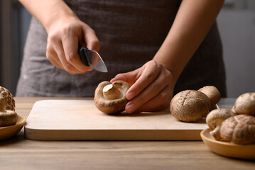 Fresh shiitake mushroom prepare for cooking, edible mushroom and food ingredient in Asian cuisine