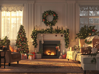 Christmas decorations in empty living room in a cozy aesthetic farmhouse style inside a home during the holidays. Festively decorated Christmas tree in a cozy room soft light crackling fireplace. 