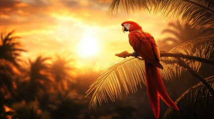 A striking red parrot with a long tail perched on a palm tree branch, set against a beautiful sunset, creating a stunning tropical scene.