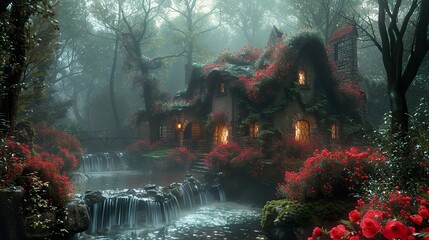 Sticker - Enchanted Cottage in a Misty Forest - Fantasy Landscape