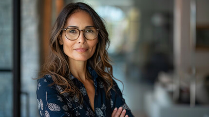 A confident professional woman with glasses stands with arms crossed in a contemporary office. The bright space features large windows and a modern design, suggesting a productive atmosphere.