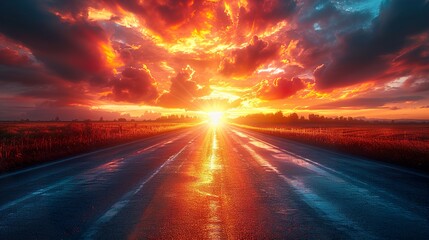 Wall Mural - Stunning Sunset Landscape: Road Through Golden Clouds