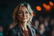 © miss_fortuna - A middle-aged woman confidently stands on a conference stage. Generative AI