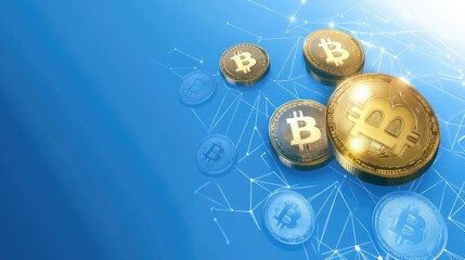 Poster - Cryptocurrency symbols, including Bitcoin and gold, floating in the air connected by a digital financial network, showcasing online banking and cloud-based exchanges.