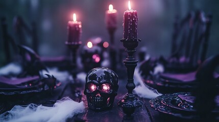 Discover a captivating Halloween dinner table setting adorned with eerie decor, including skulls, candles, and dark tableware, perfect for a spooky celebration.