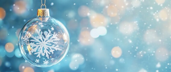 Sticker - a transparent hanging ornament in the christmas festive season, with a green tree and snowing around