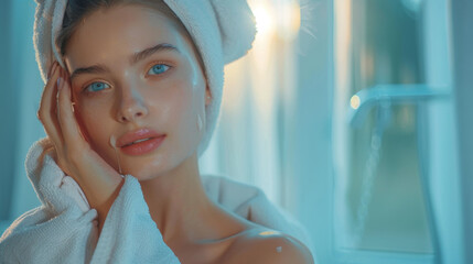 portrait of beautiful caucasian young woman 20-25 years old in robe and with towel on head after bath, concept skin care