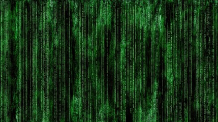 Glowing green binary code interwoven with digital noise on a grungy background, designed for a cyberpunk-themed mobile web banner or tech-inspired visual layout.