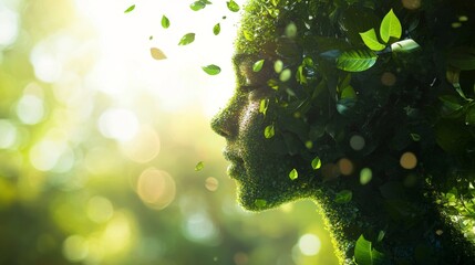 Wall Mural - double exposure photograph of an eco-friendly conceptual outfit by a woman, green leaves covering he