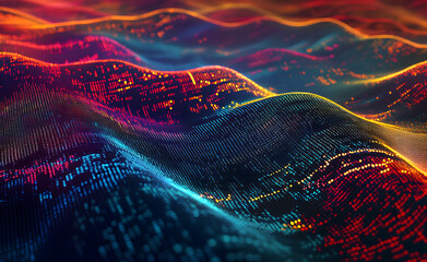 Poster - Waves of computer code. Binary code big data. Information field, binary code, data encoding, data flow, digital security. Internet technology 3d illustration
