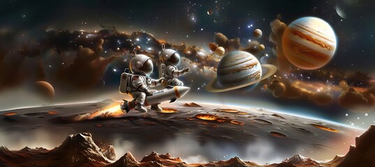 Poster - astronauts are flying over a planet with planets in the background