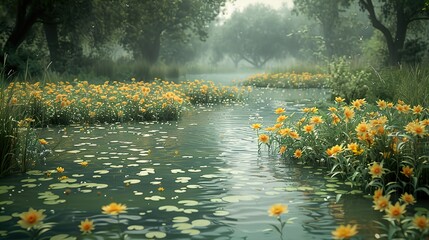 Wall Mural - Tranquil River Scene with Yellow Flowers and Fog