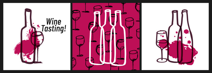 Wall Mural - Hand drawn doodle style wine glasses and bottles. Fun and casual style. Vector illustration