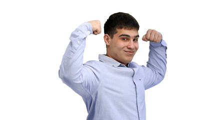 Wall Mural - Man, close-up, on a white background, shows strength