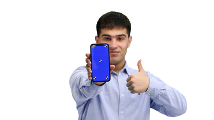 Wall Mural - A man, close-up, on a white background, shows a phone