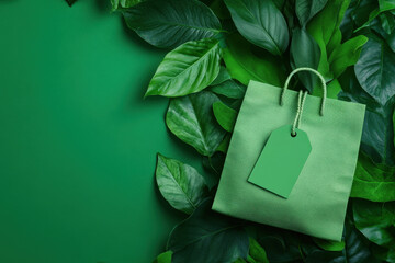 Poster - Green shopping bag with blank tag on green leaves background for green monday sale