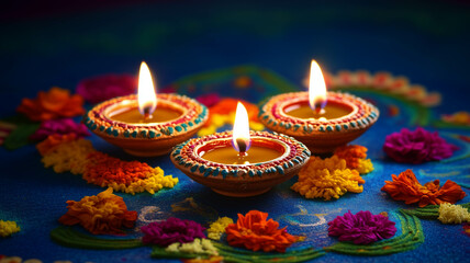 Diwali festival scene with three shining oil lamps on a vivid rangoli design, the rich blue backdrop enhances the glowing flames