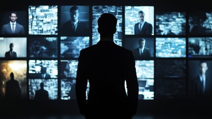 Poster - A person in a suit is silhouetted against a series of brightly lit screens, each showing different shadowy human figures amid a dark, moody atmosphere