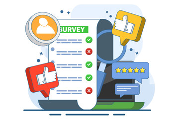 Poster - online survey concept, Customer Survey Form Filling Test, Customer experience and satisfaction. questionnaire or survey. filling or answering questions on a form. collecting information.