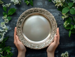 top view photo of a person's hands holding an empty plate with decor 