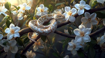 Canvas Print - Serene Snake in a Garden of White Blossoms