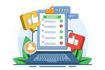 Poster - online survey concept, Customer Survey Form Filling Test, Customer experience and satisfaction. questionnaire or survey. filling or answering questions on a form. collecting information.