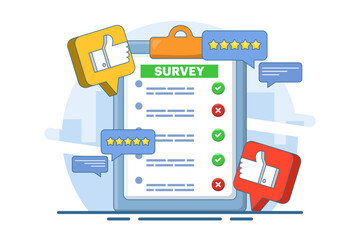 Poster - online survey concept, Customer Survey Form Filling Test, Customer experience and satisfaction. questionnaire or survey. filling or answering questions on a form. collecting information.