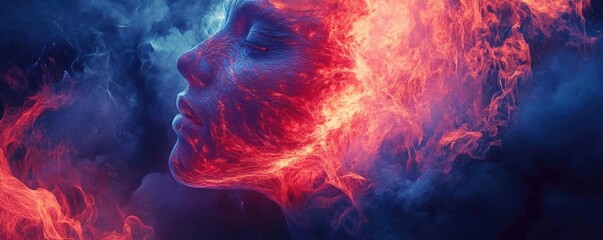 Wall Mural - A captivating digital art piece featuring a woman's profile surrounded by ethereal flames and vibrant colors, evoking emotion and unity.