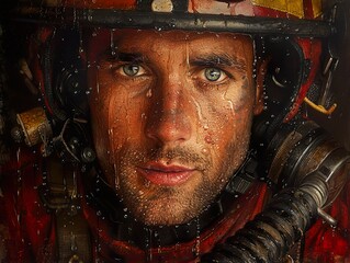 Wall Mural - Close-Up Portrait of a Firefighter: Courage and Determination