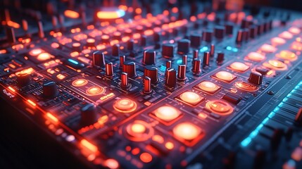 Close up of a glowing audio mixing board with red and blue lights.