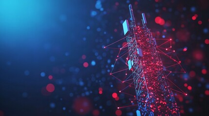 Wall Mural - a tall telecom tower with data visualization lines surrounding it, communications technology, connec