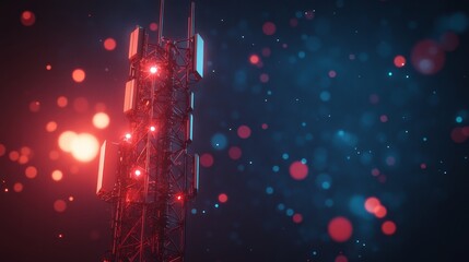 Wall Mural - a tall telecom tower with data visualization lines surrounding it, communications technology, connec