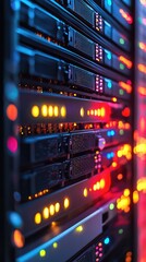 Poster - A close-up of a server rack filled with blinking lights, showcasing modern technology in a data center environment.