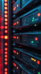 Poster - A close-up of a server rack illuminated by colorful LED lights highlighting technology and data storage.