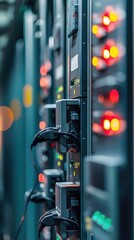 Poster - A close-up view of a modern data center with illuminated servers and intricate wiring, representing advanced technology and connectivity.